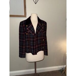 Basler Double Breasted Plaid Blazer Velvet Collar Gold Buttons Womens